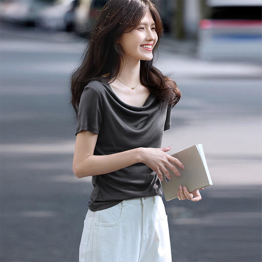 【夏日新品】熙世界一字荡领白色t恤女短袖2025年夏季新款气质莱赛尔天丝上衣 商品图4