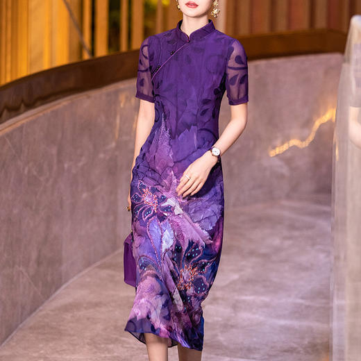 新中式国风连衣裙夏季气质别致紫色印花立领改良旗袍裙YBY-043H97 商品图2