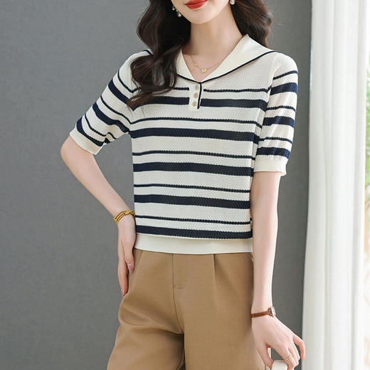 冰丝短袖t恤，洋气海军领减龄针织条纹显瘦上衣CC2563 商品图1