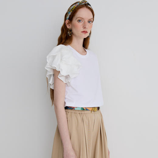 谜底T恤短袖女2025夏季新品休闲日常不对称合身H型上衣252MT0521 商品图1