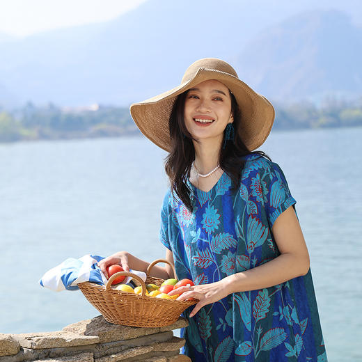 绽放女装245朵/印花盖袖连衣裙双支数亚麻大丽花手绘连身短袖裙子 商品图2