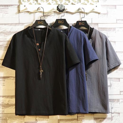 【亚麻短袖短裤套装】中国风宽松大码 V领t恤夏季潮流休闲运动两件套 休闲装 商品图2