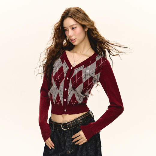 Ariseism 美式复古设计感格纹短款修身针织衫女春季新款修身上衣 商品图0