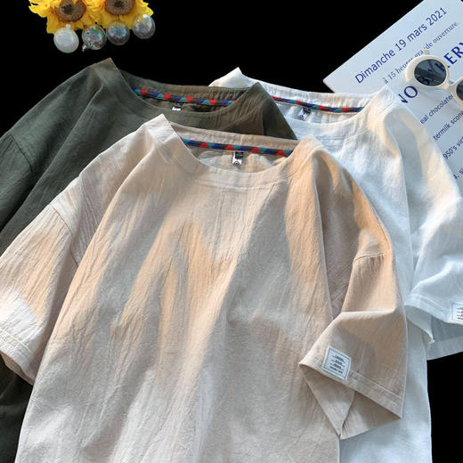 【亚麻短袖T恤】夏季新款潮流棉麻半袖 宽松纯色打底衫潮体恤上衣  商品图2