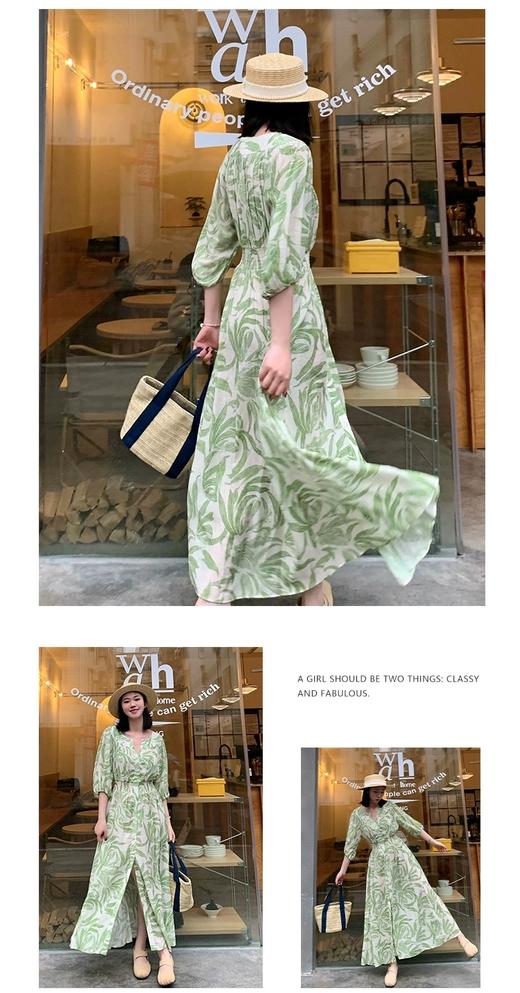 法式V领清新绿色印花丝棉灯笼袖收腰连衣裙 商品图11