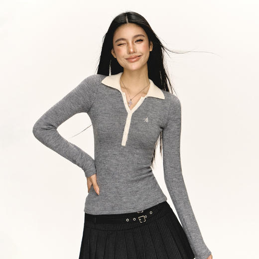 Ariseism 美式复古撞色翻领修身针织衫女春季新款修身显瘦上衣 商品图2