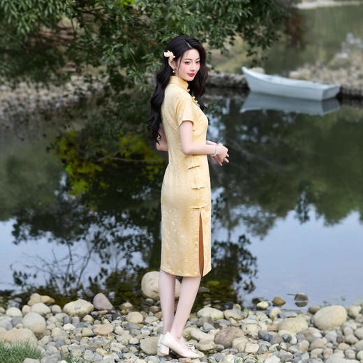 新中式黄色中长款小个子气质丝麻旗袍JLM6166 商品图2