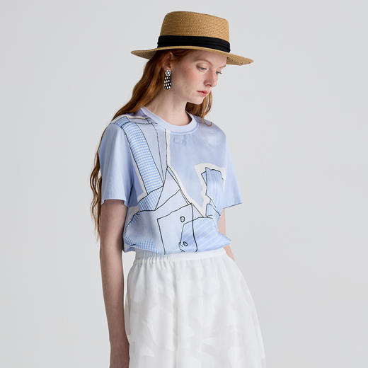 谜底T恤短袖女2025夏新品休闲日常抽象印花宽松H型上衣252MT0590 商品图1