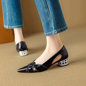 【预售5天】法式优雅镂空透气中跟单鞋女新款夏真皮尖头侧空凉鞋通勤瓢鞋DB&M6372