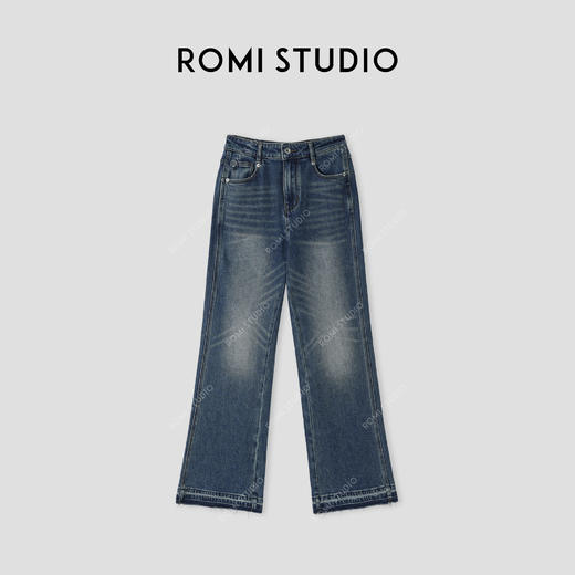 ROMI STUDIO长绒竹节棉复古蓝简约休闲喇叭裤牛仔裤421N6096 商品图0