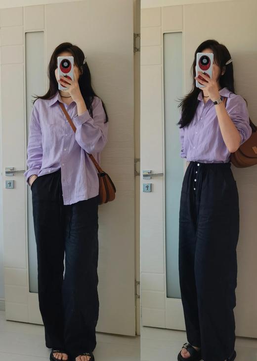 超慵懒松紧腰系带简约直筒砂洗亚麻阔腿裤百搭长裤 商品图1