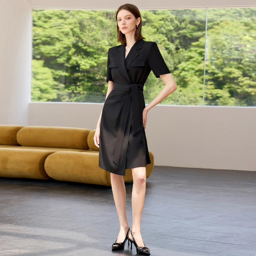 IWY/夏季短袖西装连衣裙女高级感黑色绑带正式场合接待职业套裙Q1386 商品图3