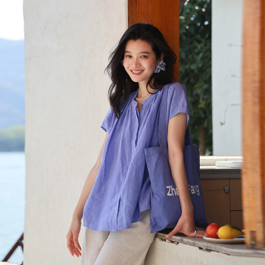 绽放旅行女装230朵/三色花自由衬衫皱纹砂洗亚麻盖袖短袖上衣立领 商品图2