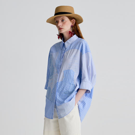 谜底衬衫七分袖女2025夏新品通勤蓝调艺术拼接宽松衬衣252MC0548 商品图1