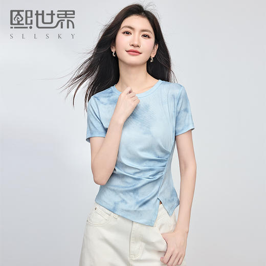 【周四狂欢价】熙世界晕染丝光短袖T恤女设计感不对称显瘦收腰上衣2025夏日新款 商品图0