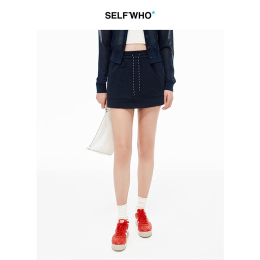 SELFWHO精梳棉宝蓝色短裤女2025夏新款抽绳松紧腰高腰A字运动裤裙 商品图0