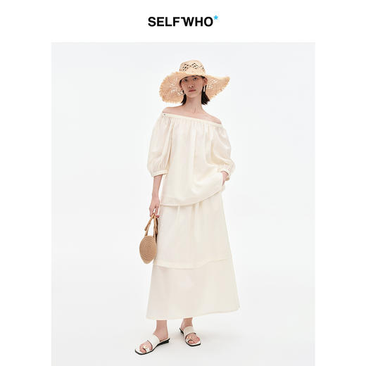 [姜妍同款]SELFWHO天丝羊毛混纺一字领套装衬衫女夏装泡泡袖上衣 商品图1