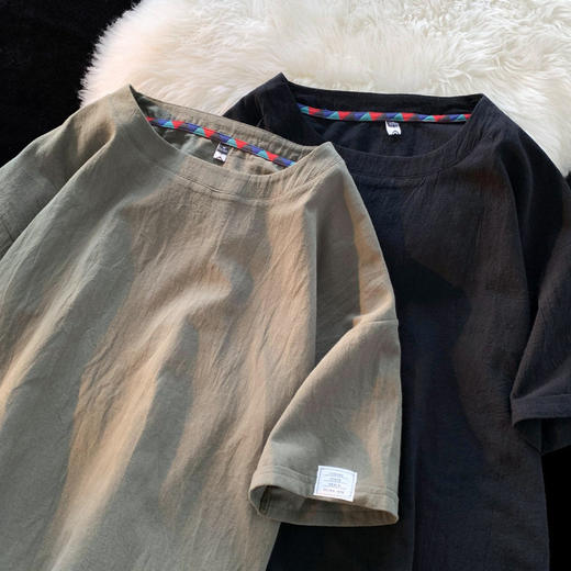 【亚麻短袖T恤】夏季新款潮流棉麻半袖 宽松纯色打底衫潮体恤上衣  商品图1