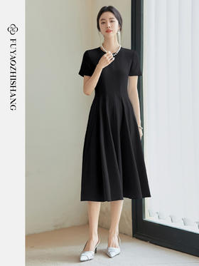FUYAO扶摇 西装短袖连衣裙女2025夏季优雅名媛风西装裙醋酸小黑裙