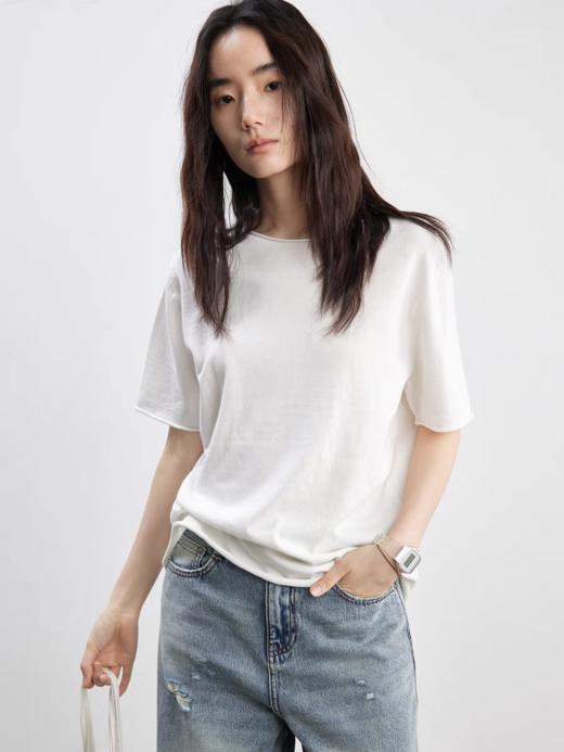 步履不停/5B18130C/真丝棉感卷边短袖T恤 商品图0