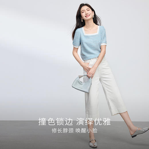 【专属特价】熙世界小香风撞色方领T恤女夏季新款宽松显瘦泡泡袖正肩蓝色上衣 商品图2