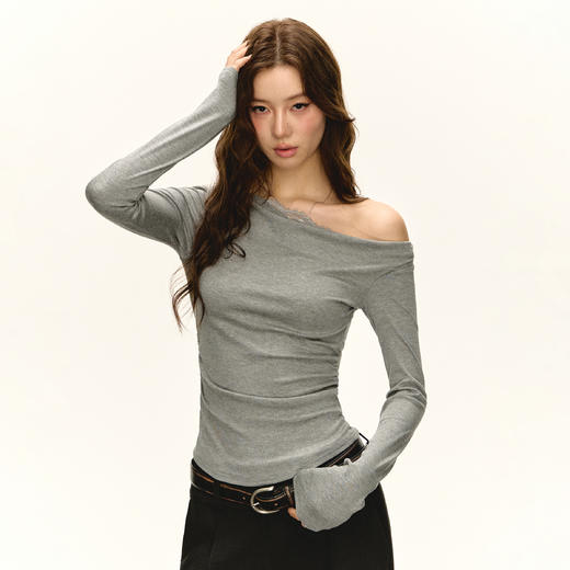 Ariseism 美式复古设计感蕾丝斜肩长袖T恤女春季新款内搭上衣 商品图2