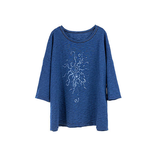 绽放旅行女装232朵/竹节棉针织蓝螺旋手绘花落肩八分袖T恤短袖女 商品图4