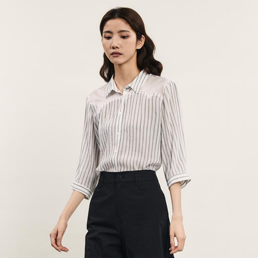 谜底条纹衬衫七分袖女2024夏季新品通勤风宽松拼接衬衣242MC0711 商品图2