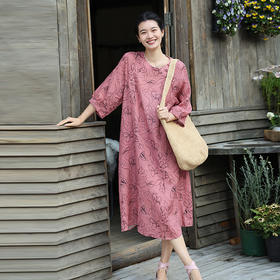 绽放旅行女装269朵/双支数亚麻抽象线条印花插肩袖立体袖口连衣裙