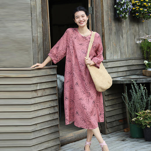 绽放旅行女装269朵/双支数亚麻抽象线条印花插肩袖立体袖口连衣裙 商品图0
