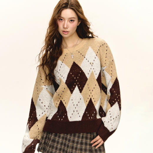 Ariseism 美式复古宽松格纹套头毛衣外套女春秋新款上衣 商品图1