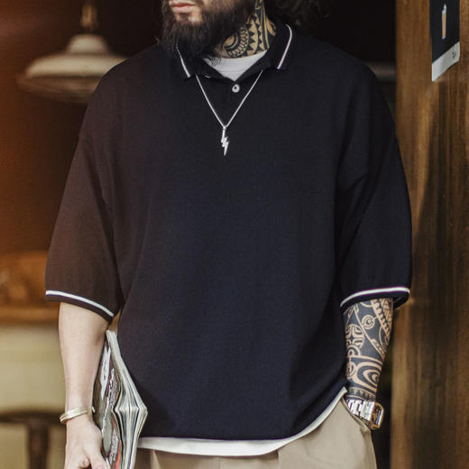 马登工装美式机能polo衫条纹老钱风山系黑色T恤宽松垂感短袖男夏 商品图0