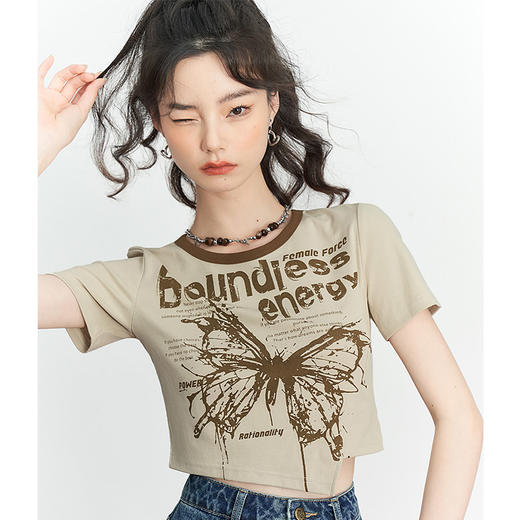 美式复古辣妹蝴蝶印花短袖T恤女夏季短款不规则下摆上衣V0050550 商品图2