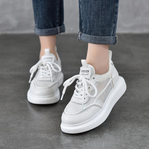 TN T6761-01透气网面系带休闲轻便厚底网鞋真皮小白鞋 商品图3