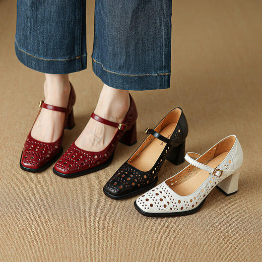 【预售5天】法式单鞋女春夏季镂空方头高跟鞋粗跟酒红色真皮米白色凉鞋女XH&M9277 商品图2