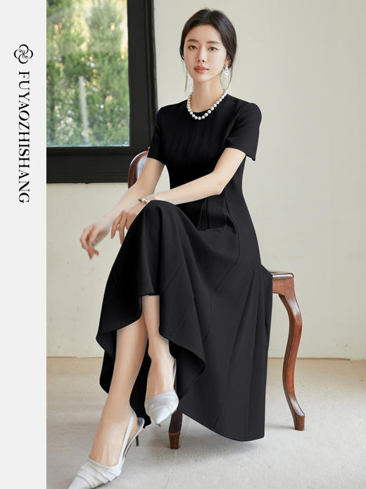 FUYAO扶摇 西装短袖连衣裙女2025夏季优雅名媛风西装裙醋酸小黑裙 商品图4
