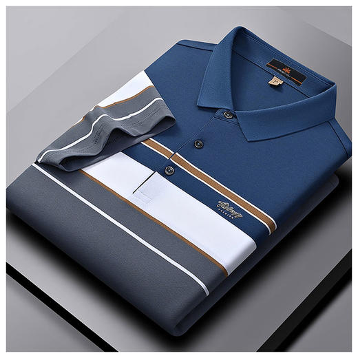 半身缘男装 夏季潮流时尚拼色间条纹爸爸装宽松短袖POLO衫252312M03912187 商品图1