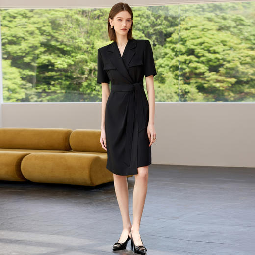 IWY/夏季短袖西装连衣裙女高级感黑色绑带正式场合接待职业套裙Q1386 商品图2