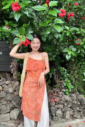 SUMMER & SAGE 橘色度假印花吊带上衣 20427
