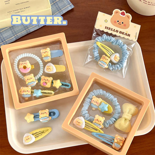 【奶黄小熊发饰，甜美又可爱！】可爱奶黄小熊系列发饰组合 少女甜美碎发刘海夹 高弹力发绳发圈-QQ 商品图1