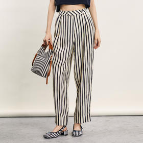 谜底黑白条纹萝卜裤女2024年夏季新品复古通勤西裤长裤242MK0715