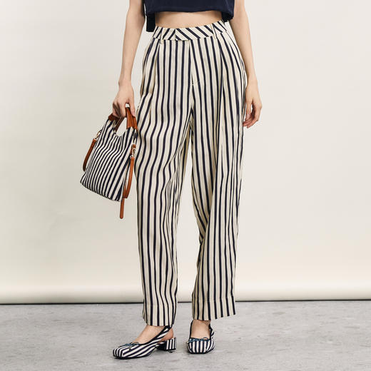 谜底黑白条纹萝卜裤女2024年夏季新品复古通勤西裤长裤242MK0715 商品图0