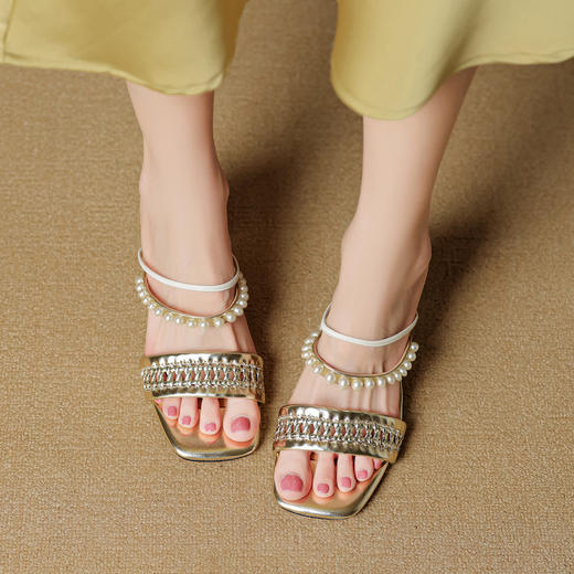 【预售5天】时尚风新款串珠水晶跟高跟鞋夏季编织镂空后空一字拖YCJX&HY-7968 商品图3