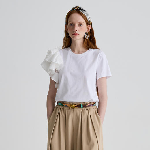 谜底T恤短袖女2025夏季新品休闲日常不对称合身H型上衣252MT0521 商品图0