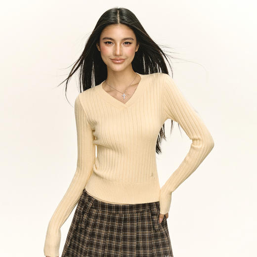 Ariseism 美式复古纯色修身V领毛衣外套女春秋新款内搭上衣 商品图2