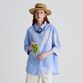 谜底衬衫七分袖女2025夏新品通勤蓝调艺术拼接宽松衬衣252MC0548