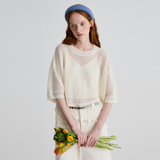 谜底两件套针织衫短袖女2025夏新品复古文艺宽松短上衣252MZ0857 商品图0