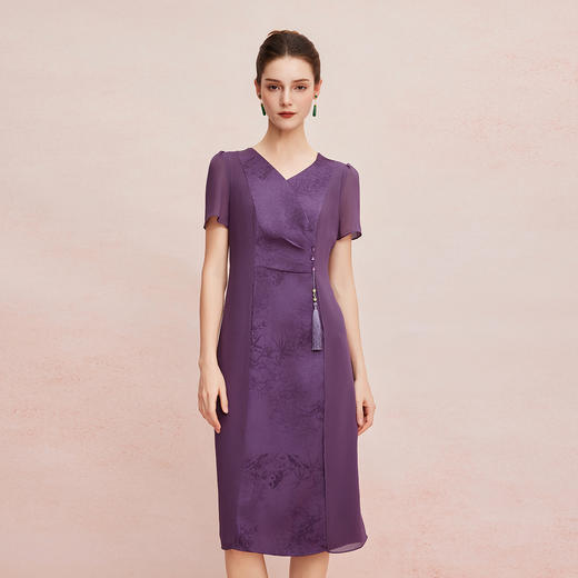 QF8B3斯尔丽25新款侧腰收褶显瘦水墨画优雅流苏精致飘逸连衣裙 商品图5