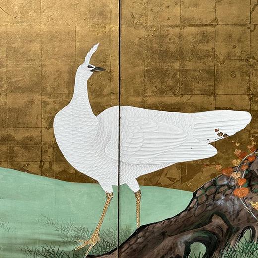 独角鹿西洋古董 19世纪日本江户时代出品「白羽孔雀」主题金地纸本设色六曲屏风 商品图5