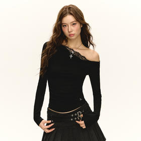 Ariseism 美式复古设计感蕾丝斜肩长袖T恤女春季新款内搭上衣